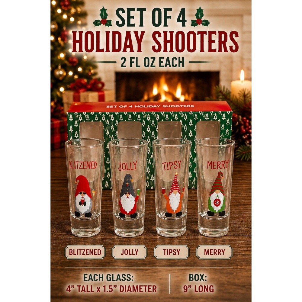 NIB MHI Christmas Gnome Shot Glasses Set of 4 2oz Holiday Shooters Funny